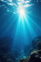 Heavenly Ocean Shimmering Light Rays Illuminate a Serene Underwater Scene, Evoking a Celestial Feeling, Perfect for Spiritual, Fantasy, or Nature Projects