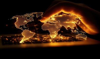 A hand hovers over a glowing world map superimposed on a keyboard.  The map and keyboard are illuminated with warm, golden light