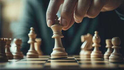 Close-up of a hand moving a white king chess piece