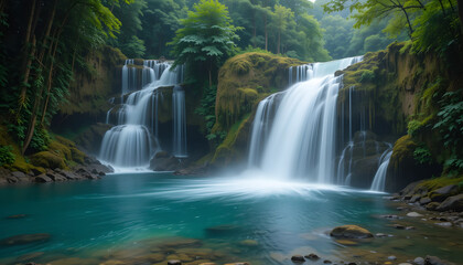 Obraz premium Tiered Waterfalls Cascading into Turquoise Pool with Moss-Covered Rocks and Lush Vegetation – Serene Nature Scene of Flow and Renewal
