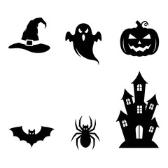 Fototapeta premium Halloween Silhouette Icons Set – Witch Hat, Ghost, Jack-o’-Lantern, Bat, Spider, Haunted House Symbols