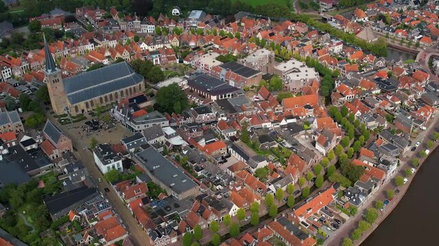An panoramic Aerial view of the old town of the city Franeker in the Netherlands on a sunny day in summer