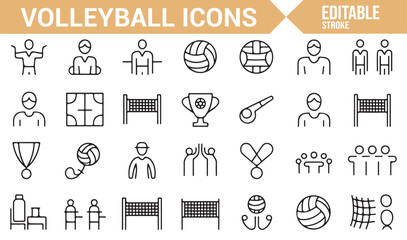Collection of volleyball icons, including players, nets, courts, and victory symbols.