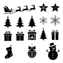 Christmas Icons Set – Santa Sleigh, Reindeer, Stars, Christmas Trees, Snowflakes, Gifts, Fireplace, Stocking, Ornament, Snowman Silhouettes