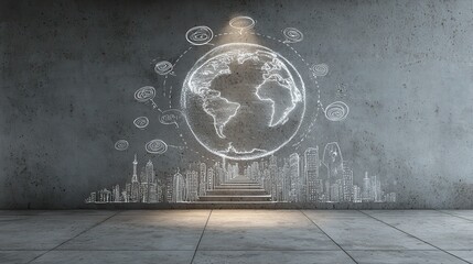 Creative business sketch and globe hologram on concrete wall background in interior. Success, seminar and communication concept. 3D Rendering, no logos, no brands