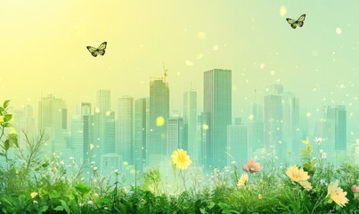 Lush greenery surrounds a city skyline, painted in soft pastel hues with butterflies and gentle light