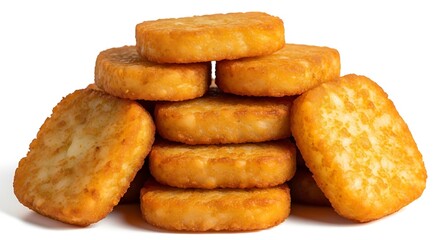 Golden brown hash brown patties stacked high on a white background
