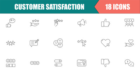 Customer Satisfaction Line Icons – 18 Minimalist Vector Symbols Including Feedback, Star Rating, Like, Dislike, Review, Testimonial, Customer Experience & Client Support – Editable Stroke Web & App Ic