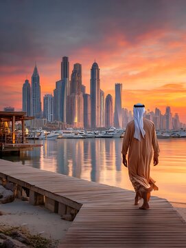 Dubai skyline at sunset, Downtown, UAE, United Arab Emirates, Sunset, Travel & Tourists, Arabic Country Nature, beach view, Abu Dhabi, Arabic men walking
