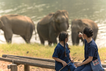 Asian mother and daughter in indigo clothing looking at elephant bathing in river, family...