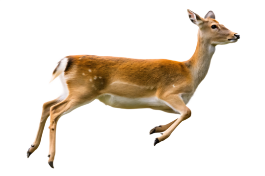   photograph a deer leaping on mid air isolated on white background PNG ,AI GENERATED