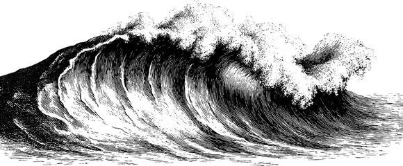 Obraz premium Vintage ocean wave sketch with glitch pixel dust effect for retro design