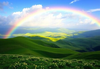 Vibrant rainbow arcing over rolling green hills, sunlit meadow, blue sky ,  digital,  beauty