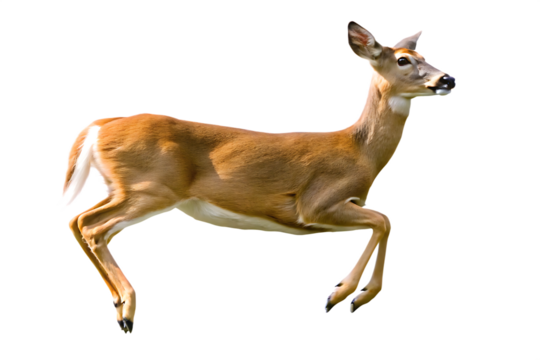   photograph a deer leaping on mid air isolated on white background PNG ,AI GENERATED