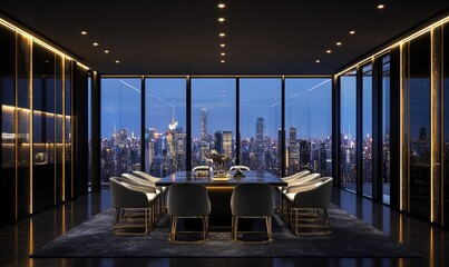 Fototapeta premium Luxury penthouse dining room with city views (1)