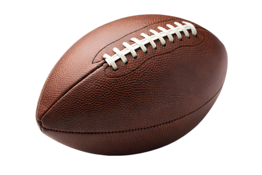 American football ball with brown leather texture and white laces, isolated on a white background, perfect for sports, game, or team illustrations