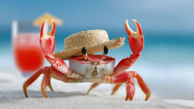 Playful crab with straw hat dancing on sandy beach with refreshing cocktail backdrop