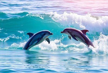 Fototapeta premium Two dolphins playfully chase and leap in ocean waves, wildlife photography, splash