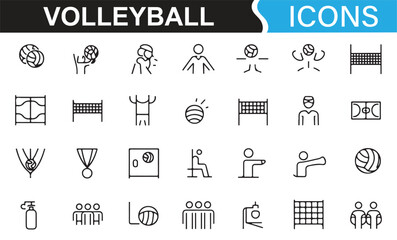 Illustrations of volleyball sports, featuring action shots, winners, and court activities.