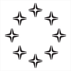 Circular Arrangement Of Eight Pointed Star Symbols Minimalist Black And White Design.