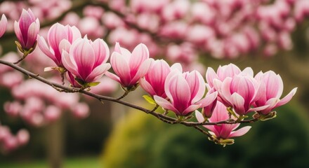 Obraz premium Beautiful Pink Magnolia Blossoms on a Branch in Spring