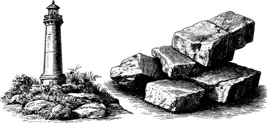 Fototapeta premium Vintage lighthouse and salt-worn bricks illustration for nautical-themed design