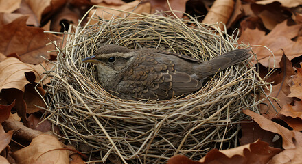 A cozy nest made of dry grass and feathers, with a single brown-feathered bird resting calmly, surrounded by crunchy fallen leaves