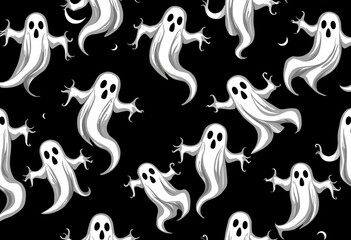 Obraz premium Spooky black and white ghost seamless pattern, perfect for Halloween, silhouette, vintage