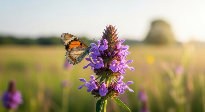 A vibrant butterfly rests on a tall purple wildflower in a sunlit meadow - Powered by Adobe