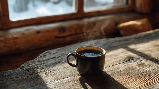 A steaming cup of black coffee on a wooden table in a cozy cabin with early morning sunlight creating a rustic mood real photo stock photography
