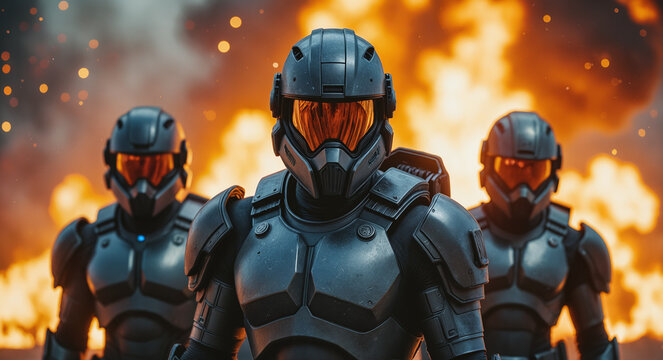 Futuristic Armored Warriors - Battle-Ready Squad with Glowing Helmets for Science Fiction Games, Digital Art, and Fantasy Combat Illustrations