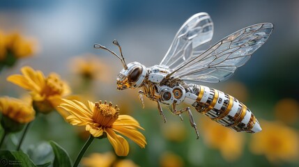 Mechanical bee near flower