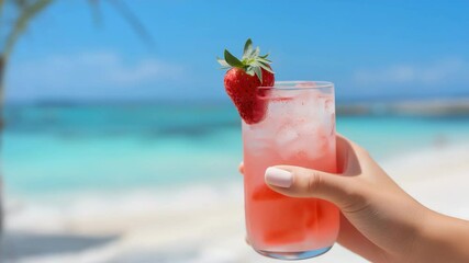 Refreshing strawberry cocktail by the beach on a sunny day