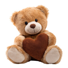 Obraz premium Cute adorable teddy bear holding a brown valentine heart on a transparent white background PNG 