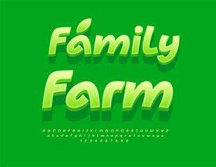Vector Ecologic sign Family Farm. Eco Green Font. Artistic Alphabet Letters and Numbers set