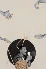 Banner sketch image vertical collage of happy girl guy stand master ribbon hand scribble control...