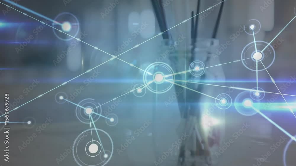 Poster glowing central node appearing forming network showing data overlay on desk by brush jar