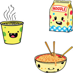 
Kawaii Noodle Characters – Vector Illustration of Smiling Instant Noodle Cup, Package, and Bowl with Chopsticks in Cute Cartoon Style