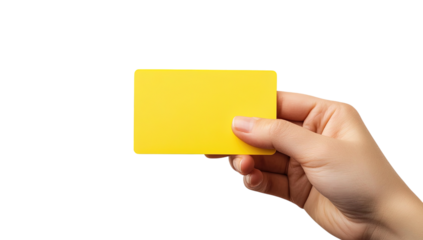 A female hand holding a blank bright yellow rectangular card against transparent background 