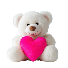 Cute adorable teddy bear holding a pink valentine heart on a transparent white background PNG 