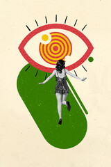Collage of person standing under symbolic eye representing control surveillance spying manipulation...