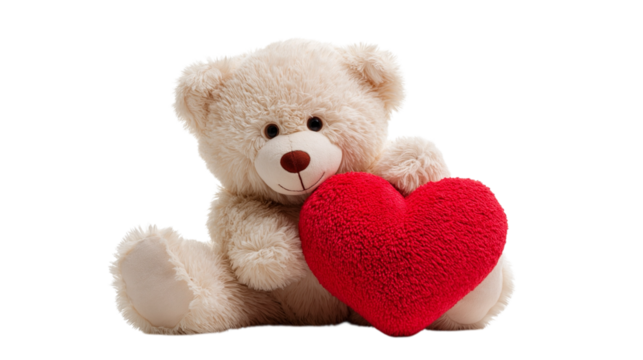 Cute adorable teddy bear holding a red valentine heart on a transparent white background PNG childhood concept 