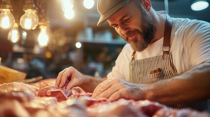 Experienced butcher carefully preparing and selecting high-quality meat cuts in a bustling shop during the evening