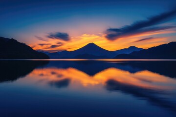 Obraz premium Serene sunrise over a tranquil lake, reflecting mountains