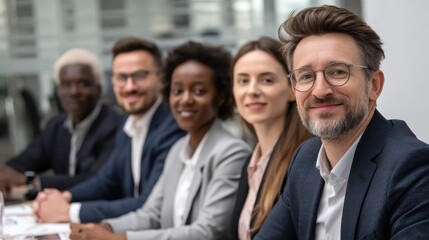 Obraz premium Multiracial business team made of young proficient employees sitting together in the meeting room of a modern company, no logos, no brands