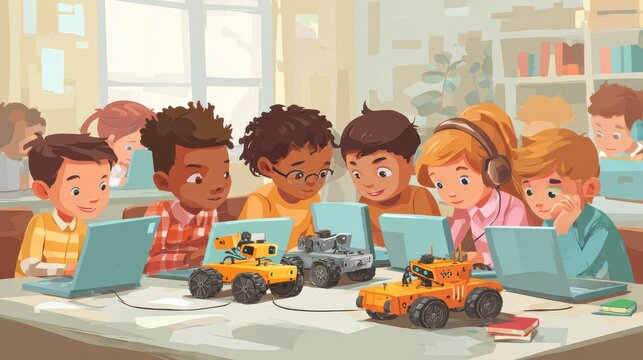 Diverse school children students group building robotic cars using computers. Happy multicultural kids learning programming robot vehicles sitting at table at STEM education coding engineering class. - Powered by Adobe