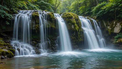 Obraz premium Waterfall in Lush Green Forest with Mossy Rocks and Clear Blue Pool – Serene Nature Scene of Flow and Tranquility