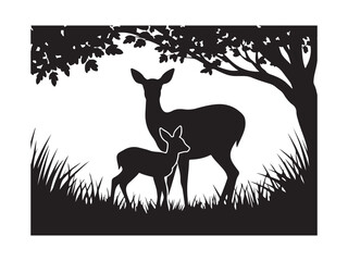 Deer Family Silhouette in Grass, Black and White Wildlife Illustration with Antlered Buck and Fawns
