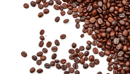 Naklejka premium Dark brown roasted coffee beans scattered on white background, macro, still life