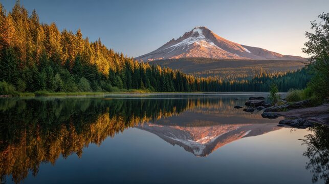 Mount Hood reflecting in Trillium Lake at sunset, in Mount Hood National Forest, Oregon., no logos, no brands